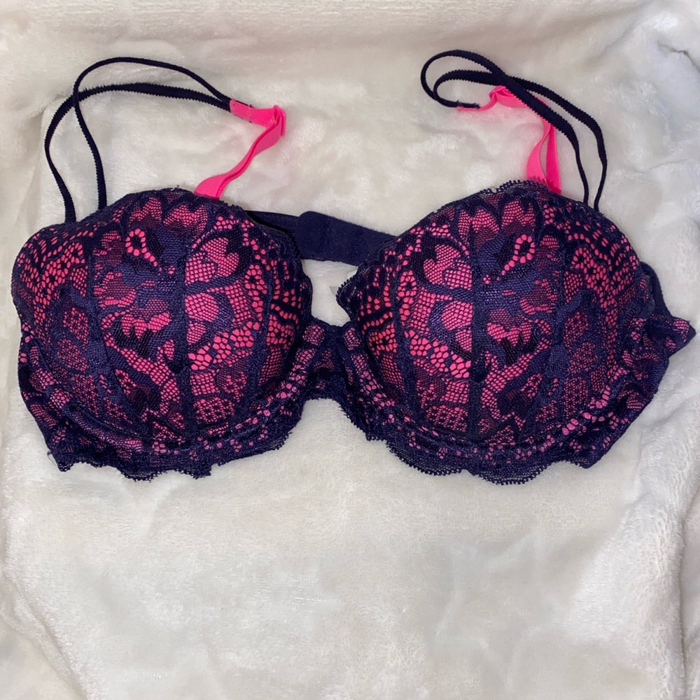 Victoria’s Secret Pink push up Demi bra. Navy and pink. Size 34A
